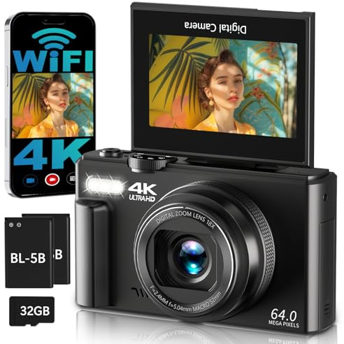 4K Digitalkamera mit WLAN 64MP Kamera Fotokamera 3 180° Klappbildschirm Fotoapparat Digitalkamera für Kinder Anfänger, 18X Digitalzoom, Autofokus, mit 32GB Karte, 2 Batterien