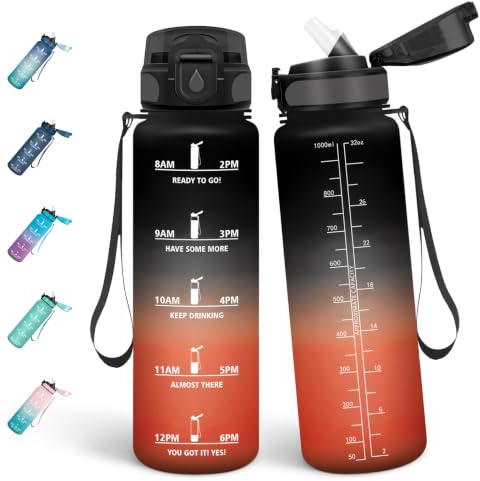 Mulbijeo 1 liter flaska, BPA-fri och läckagesäker, vattenflaska med sugrör, återanvändbar, motiverande Cantimplora, Cantimplora gym för skolan, svart-röd