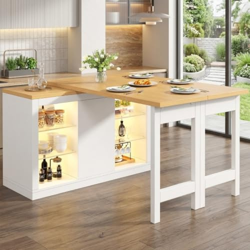 Lahoomu Ausziehbarer Kücheninsel-Esstisch mit App-steuerbarer LED, 120-197cm, 360° drehbar, mit magnetischen Türen & Glas-Einlegeböden, Weiß, belastbar bis 60kg