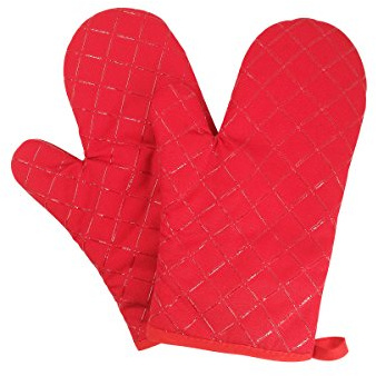 Camilife 2 Stücke Verdickte Hitzebeständige Ofenhandschuhe Topflappen Mikrowellenofen Handschuhe Backhandschuhe Silikon rutschfest-Rot, Stoff, Breite 18cm Länge 28cm