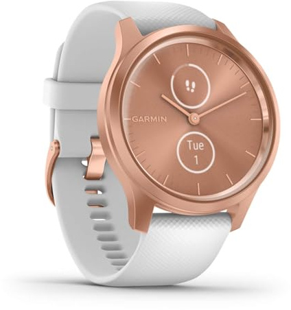 Garmin vivomove Style, Hybrid Smartwatch with Real Watch Hands and Hidden Color Touchscreen Displays, Rose Gold with White Silicone Band (Renewed)