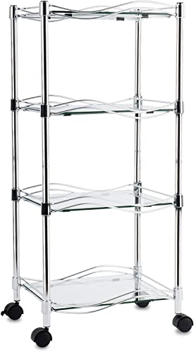 Floordirekt Glasregal Luna | 4 Ebenen mit Rollen | Ablageflächen aus Sicherheitsglas | Rollregal für Badezimmer, Wohnzimmer oder Küche (40 x 30 x 89 cm)