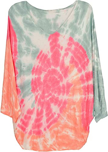 styleBREAKER Damen Feinstrick Poncho mit Batik Muster, 3/4 Ärmel, V-Ausschnitt, sommerlich leicht, Einheitsgröße 08010079, Farbe:Pink-Apricot-Grün