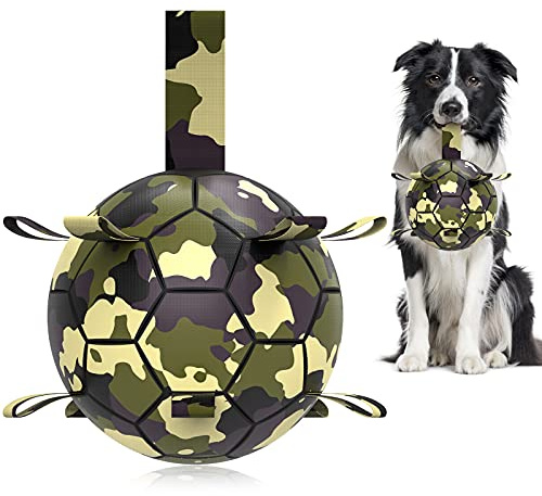 QDAN Dog Toys Soccer Ball, Interactive Toys for Tug of War, Dog Water Toy, Durable Dog Balls for Medium Large Dogs, Camouflage(8 inch)