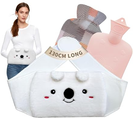 Wärmflasche Wärmflaschengürtel 1L 130cm Extra Langer 3 in 1 Koala Wärmflasche gürtel extrem flauschig, aus Gummi mit weichem Taillen-Bezug wärmeflasche für Nacken (1000lm, 1L koala white)