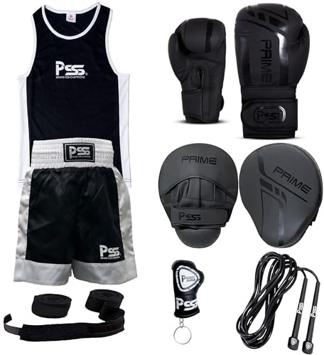 PSS Fighting Kit Kids boxing set Uniform top and short Boxing gloves Focus pad rope wrap key ring Professional Training equipment 6-pcs BLACK set for Muay thai kickboxing MMA 6-OZ