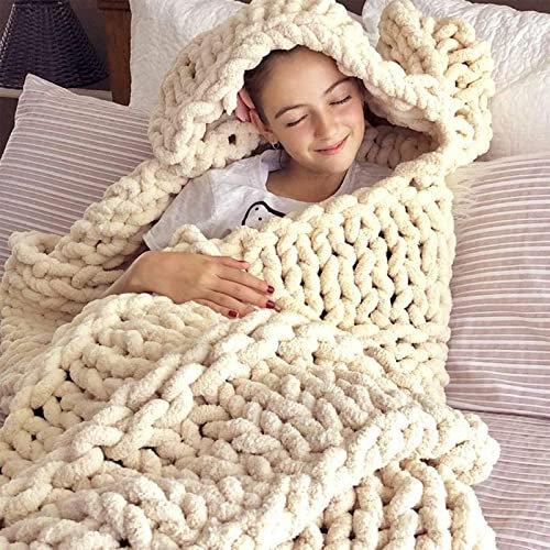 Chenille-Wollgarn Dicke Wolle Für Decke Stricken Häkeln, Strickdecke Decke Garn DIY Handstricken Roving Strickdecke Decke Chenille Garn für Riese Klobig Sticken Werfen Sofa Decke,Beige,80*100cm