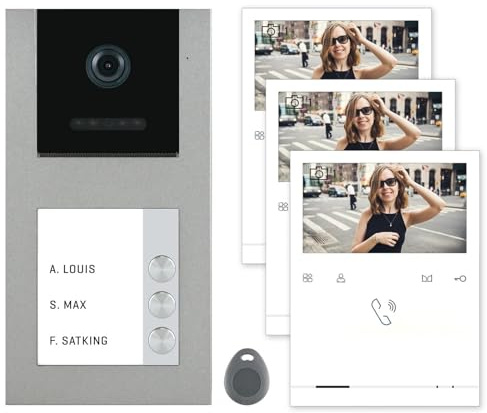 Nonic Balter EVO Video RFID Türsprechanlage Aufputz ✓ 4,3 Zoll Monitor 2-Draht Bus mit Set für 3 Familienhaus Türklingel 120 Grad Weitwinkel Kamera, (3 Klingel) + Quick