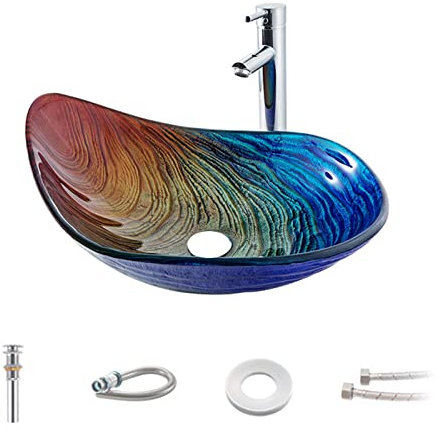 APENCHREN Lavabo da Appoggio A Forma di Goccia d'Acqua Color Arcobaleno, Lavabo in Vetro Temperato con Superficie Iridescente, Vaso per Lavabo da Bagno, 55×38×17cm,SetC