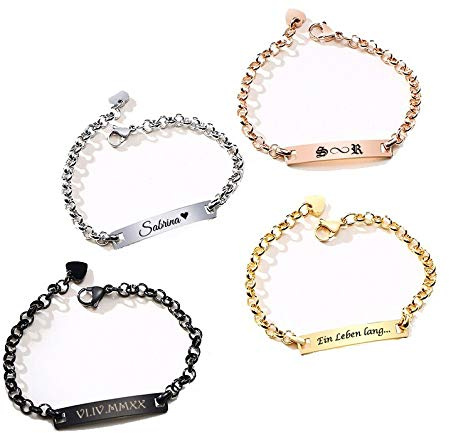 aplusashop ID Edelstahl Armband mit Gravur nach Wunsch zierliches Armband mit Herzanhänger in 4 Farben