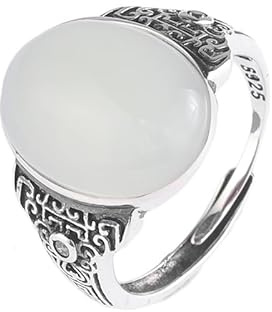 WLLDDDIU Ringe Silber, 925 Sterling Silber Auspicious Cloud Carving Ring Natürliche Runde Hetian Jade Boho Verstellbare Ringe Edelstein Energie Charm Hochzeitsschmuck Geschenke Für Männer Damen