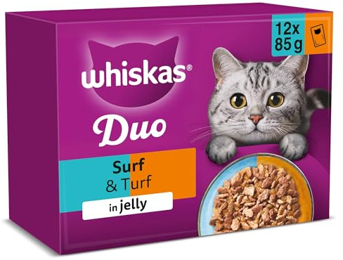 Whiskas Tasty Duo 1+ Surf and Turf in Jelly 48 x 85 g Pouches, Adult Cat Food, Pack of 4 (12 x 85 g)