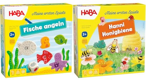 HABA - Meine ersten Spiele Fische Angeln & Hanni Honigbiene, kooperatives Farbwürfelspiel für 1-4 Spieler ab 2 Jahren, zum Farbenlernen