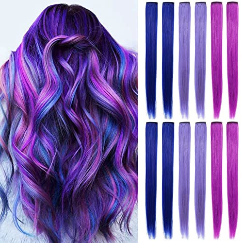 IAMERUI Farbige Haarverlängerungen Bunte Haarverlängerung Party Highlights Multi-Farben Clip in Haar Synthetische Haarteile für Mädchen und Kinder (Blau Lila Lavendel)