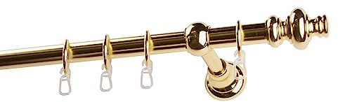 Garesa Gardinenstange Andrea Ø 20mm, 1-läufig, Messing I Stabile Vorhangstange inkl. Ringe + Faltenlegehaken I Mit Endknopf Profil groß I 170cm