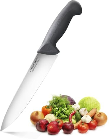 Cook N Home Professional 8 Inch Chef's Knife Multi-Purpose, Straight Edge High Carbon Stainless Steel Sharp Kitchen Knife, Ergonomic Handle, Black