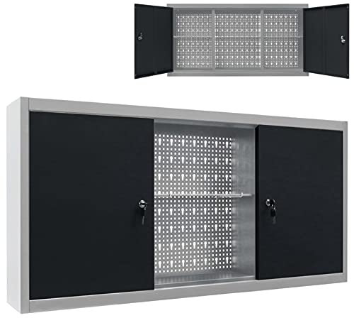 BaraSh Wand-Werkzeugschrank Industrie-Stil Metall Grau und Schwarz Werkstattschrank Hängeschrank Metallschrank Schrank Lochwand