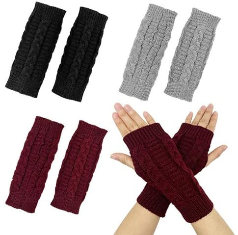 XNIVUIS 3 Paar Halb Fingerlose Handschuhe, Winter Gestrickte Handschuhe für Damen, Armhandschuhe Handgelenk, Winter Armstulpen Halb Fingerhandschuhe, Einheitsgröße (Grau, Schwarz, Rot)