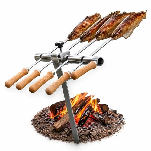 Steckerlfisch Halter 4 Edelstahlspieße für Lagerfeuer
