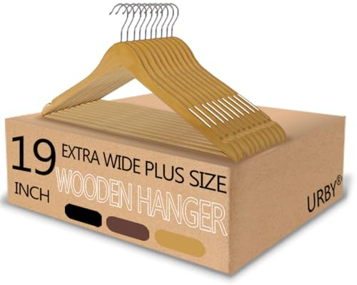 Extra breda hängare för kläder i plusstorlek, galoscher för Colgar Ropa, 45 cm plusstorlek galgar idealiska för XL, XXL skjortor, rockar, klänningar, etc. Trä. Naturlig 10-pack