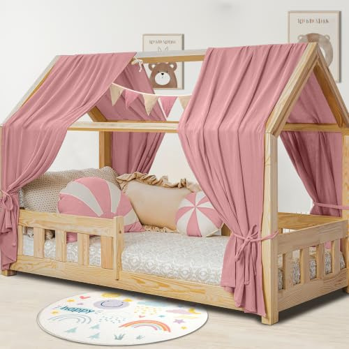 Hook Hausbett Himmel Deko Set, Betthimmel Hausbett aus Musselin - 2 Betthimmel & 1 Wimpelkette, für Jungen Mädchen Deko für Kinderzimmer, Baldachin Kinderzimmer Deko I 67 x 270cm Rosa