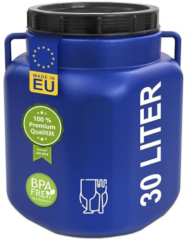 plasteo® Tonneau rectangulaire à col large de 30 litres, bleu, convient à un usage alimentaire et sans BPA, tonneau universel, avec couvercle et couvercle, tonneau à eau, récupérateur d'eau de pluie