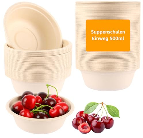 CYEER 100 cuencos desechables de caña de azúcar, 500 ml, cuencos desechables para sopa, biodegradables y compostables, ecológicos, desechables para fiestas, bodas, picnics