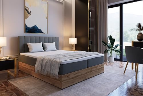 Marlux-Meble Boxspringbett mit Matratze 160x200 cm und Stauraum | Steppung Doppelbett mit Matratzen Topper und Bettgestell 160x200 | Riko II, Grau
