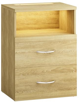 Casaria Nachttisch mit LED Ablagefach Eiche | 40x28x55 cm, für Boxspringbett, 55cm Komfortable Höhe, Schlafzimmer, Haushalt, Beistelltisch, Dimmbare Beleuchtung, Holz