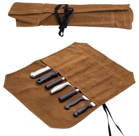 Suaetiai Waxed Canvas Knife Roll Bag,Portable Knife Cultery Carrier,Professional Chef Knife Case,Waterproof Knife Roll Storage Bag with 8 Slots,Holds 8 inch Kitchen Knives for Camping or Working