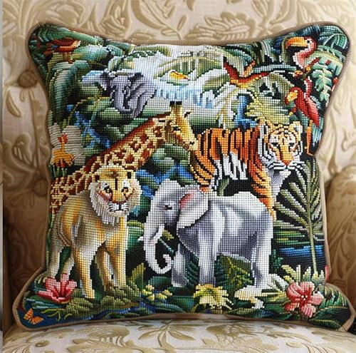 kitphoenix Knüpfkissen Set, Latch Hook Kissen Kit Tier Elefant Tiger Löwefür Kinder Oder Anfänger Erwachsene Zum Selber Knüpfen, Diy Knüpfteppich Knüpfpackung, Knüpfhaken Set 43 X 43 Cm