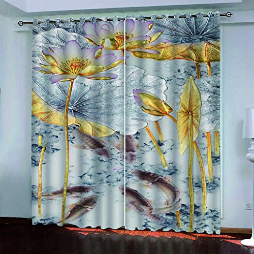 Gardinen Kinderzimmer Blickdicht - 2 Stück 160X200cm (HxB) 3D Digitaldruck Goldener Lotusblatt-Koi Vorhang Verdunklungsvorhänge Schlafzimmer Wohnzimmer Ösenschal Kinder Thermovorhang