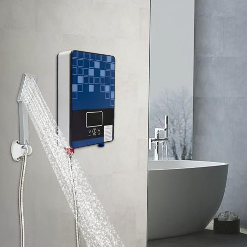 Mini Warmwasserbereiter Elektrischer Klein Durchlauferhitzer Instant Einstellbare Klein Elektro Durchlauferhitzer Instant für Küchen Bäder Restaurants Hotels LED 6500W 110V Blau Vertikal