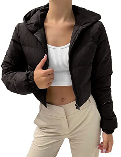 HEONSATI Piumino da Donna Corta Casual Piumini Zip Caldo Giacca con Cappuccio Imbottiti Imbottita Cappotto Corto con Zip Leggero in Cotone Giubbotti Donna Invernale Antivento Tinta Unita Slim