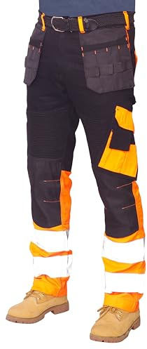 HASHOOB TRADING FZE Herren-Arbeitshose mit hoher Sichtbarkeit, mit Klebeband und mehreren Taschen, Sicherheitshose, Orange, 38 W / 34 L