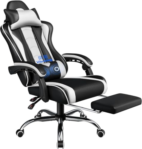 Yaheetech Sedia da Gaming Ergonomica Massaggiante con Poggiapiedi Reclinabile Imbottiti in Finta Pelle, Poltrona Gamer da Scrivania con Poggiatesta e Supporto Lombare Ruote Girevole Bianco