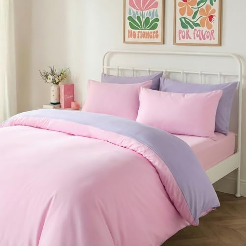 Brentfords Double Duvet Set Quilt Cover, Gifts for Women Super Soft Warm Cosy Microfibre Bedding Double Bed Set Reversible Bedding Sets with Matching Pillowcases, Lilac/Pink