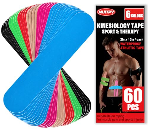 60PCS Precut Kinesiology Tape Strips, 6 Colors 2 inch x 10 inch Cotton Athletic Tape, Kinetic Tape, Elastic Muscle Tape, Sports Tape, Knee Tape for Exercise and Daily Use