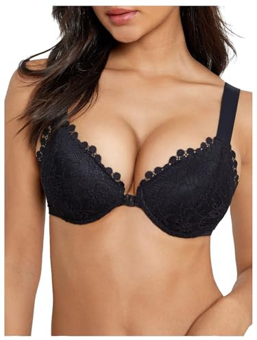 GORGLITTER Women's Push Up Front Fastening Bras Underwire High Support Lace Bras Everyday Bra Black 34C