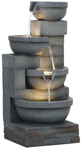 Outsunny 30 Tall Outdoor Waterfall Fountain with LED Lights, 4-Tier Resin Cascading Water Bowls with Pump, Gray