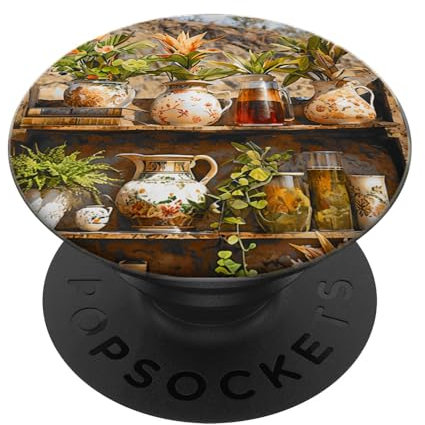 Rustic Bookshelf With Tropical Plants and Vintage Pitchers PopSockets Adhesive PopGrip