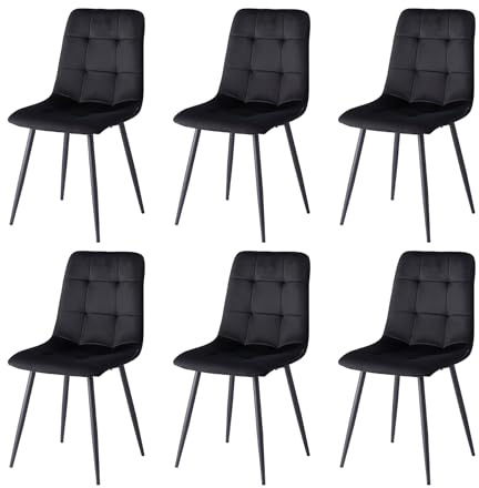 BenyLed Set med 6 holländska sammets-matstolar, vadderade köksstolar i modern retrostil med robusta metallben (svart)