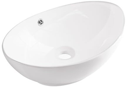 AQUAUNO - Lavabo da appoggio MAYA, 59 x 39 cm, ovale, in ceramica bianca, senza foro per rubinetto, con troppopieno, cromato, sanitari, bagno