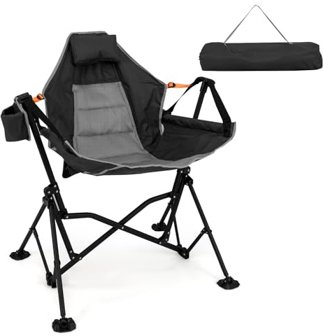 COSTWAY Hammock Camping Chair, Folding Swing Chair with Adjustable Back, Head Pillow, Cup Holder & Carry Bag, Portable Rocking Recliner for Picnic Fishing Hiking (no Retractable Footrest, Black)