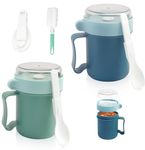 DIYJEP 2 Tasse à Déjeuner avec Couvercle et Cuillère, Contenant à Flocons d'Avoine pour la Nuit, Pot de Yaourt en Plastique Portable, Boîte à Céréales Étanche pour Soupes Porridge Lait Nouilles
