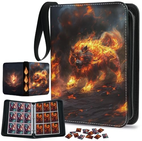 Raccoglitore per carte con 9 tasche, per 900 carte con 50 maniche rimovibili, porta carte portatile con cerniera, album da collezione per giochi sportivi, collezionisti, ragazzi e ragazze (cane fiamma
