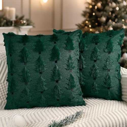 Miaikoe Weihnachtskissenbezüge 45x45 cm Set von 2 weiche Plüsch-Impost-Fell-Weihnachtsbaum-Wurfkissenbezüge für Winterferien-Xmas-Dekoration Grün