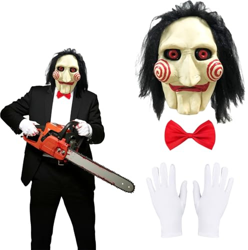 Jocanova Jigsaw Mask, Saw Jigsaw Mask, Halloween Mask with Gloves and Tie Scary Horror Mask for Costume Unisex Horror Costume 2025 Halloween Carnival