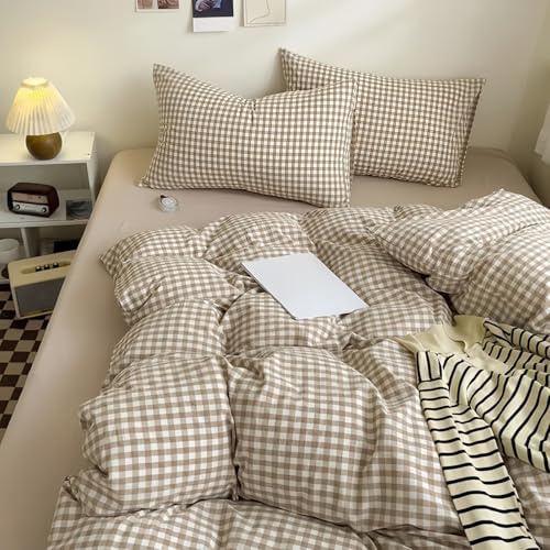 Covebett Housse de Couette 220x240 à Carreaux Vichy Beige Marron Moderne Parure de Lit Adulte 2 Personnes Housse Couette en Microfibre Linge de lit avec Fermeture Éclair et 2 Taies d'oreiller 65x65