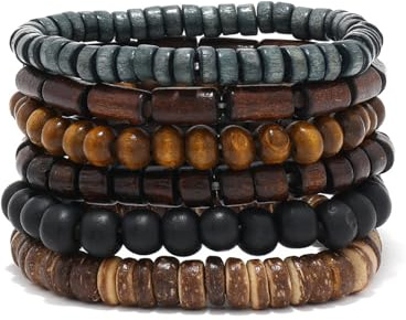 6 Pcs Bead Bracelet Men, Multi-Layer Brown Beaded Bracelets for Man, Adjustable Retro Wooden Bead Bracelet, Elastic Detachable Natural Beads Wristband, Bohemian Style, for Gifts for Men